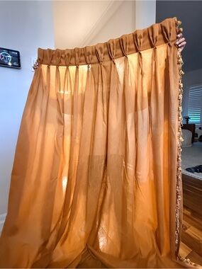 Gold-Tan Sheer Window Curtain Panels Decorative Trim set of 2 with tie backs